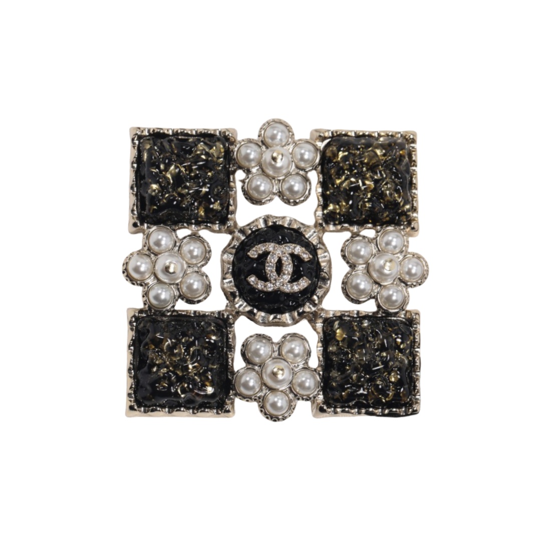 BCB388 Vintage square pearl flower and crystal cc brooch pin - ccfashionjewelry