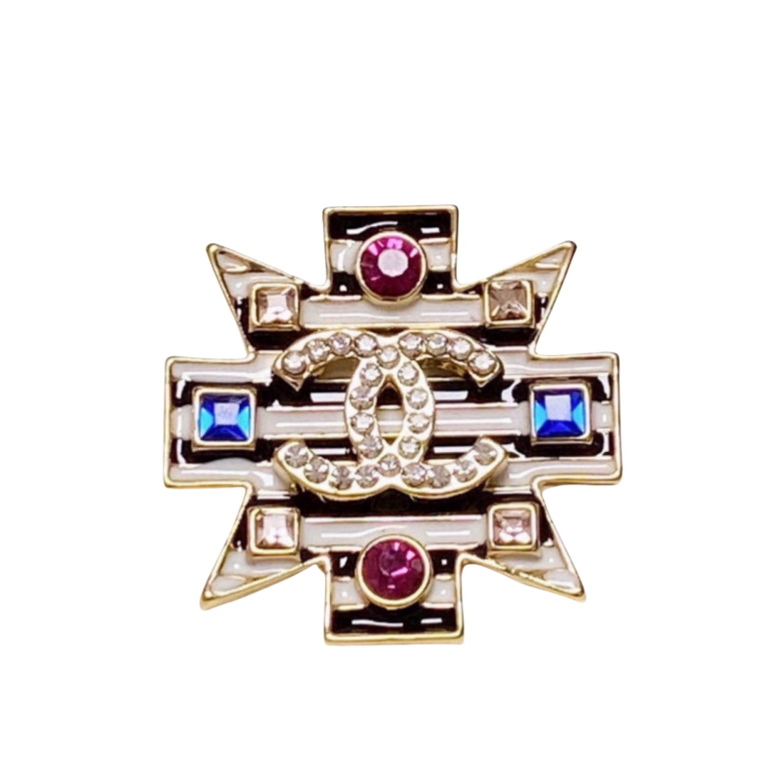 BCB389 Vintage enamel medal color diamond with crystal CC logo brooch pin - ccfashionjewelry