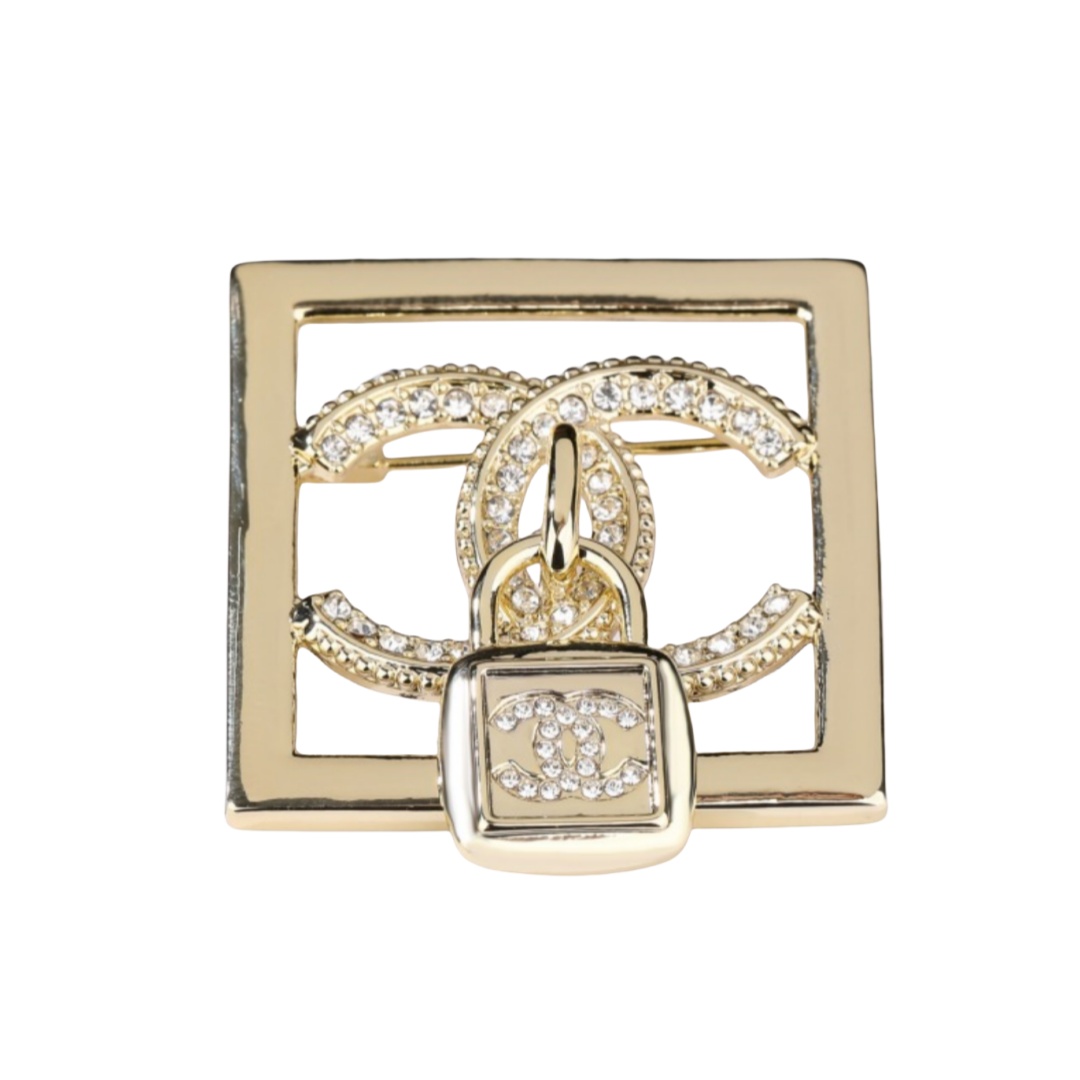 BCB468 Square hollow-out crystal cc logo with lock brooch pin - ccfashionjewelry