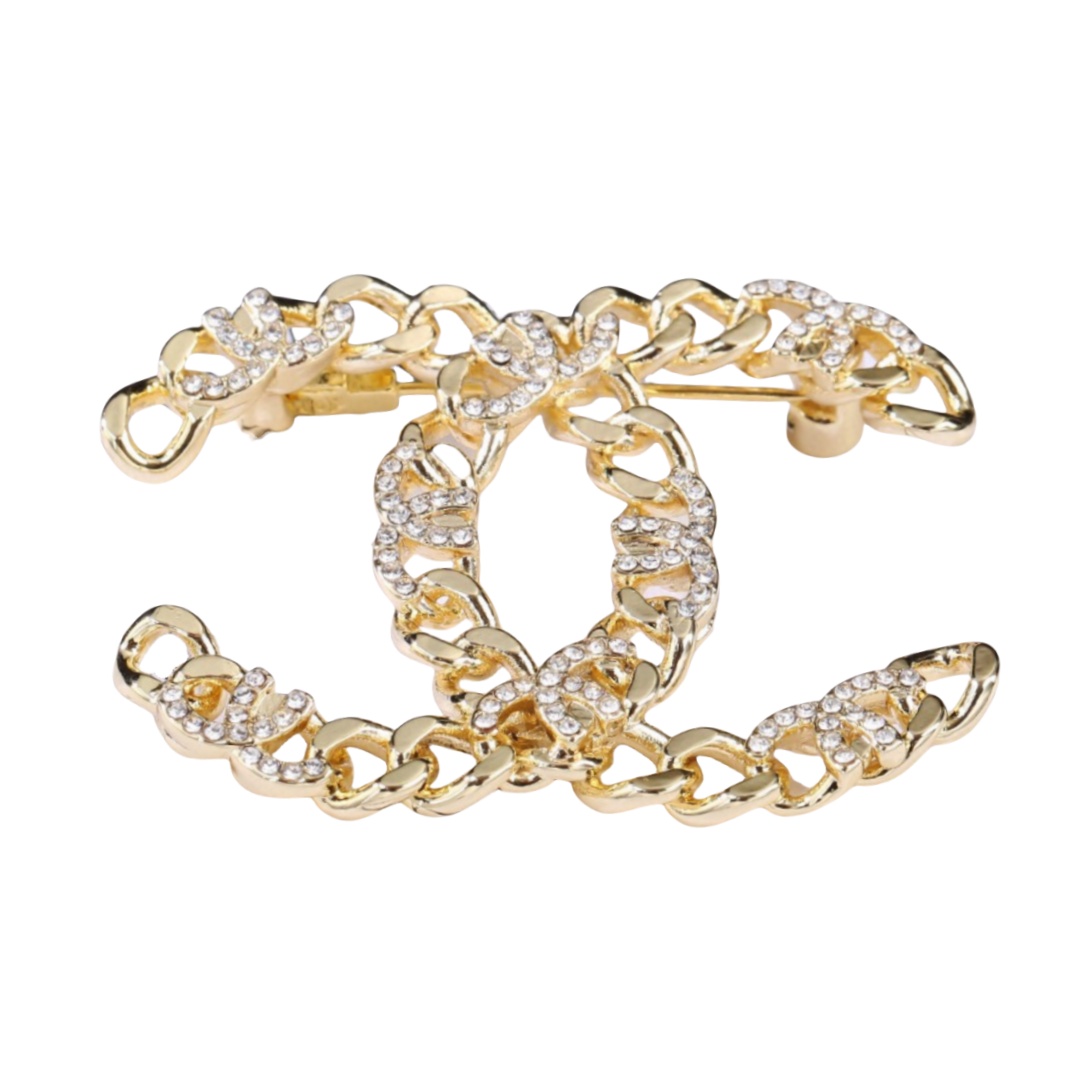BCB479 Metal chain cc logo brooch pin with crystal - ccjewelryacc