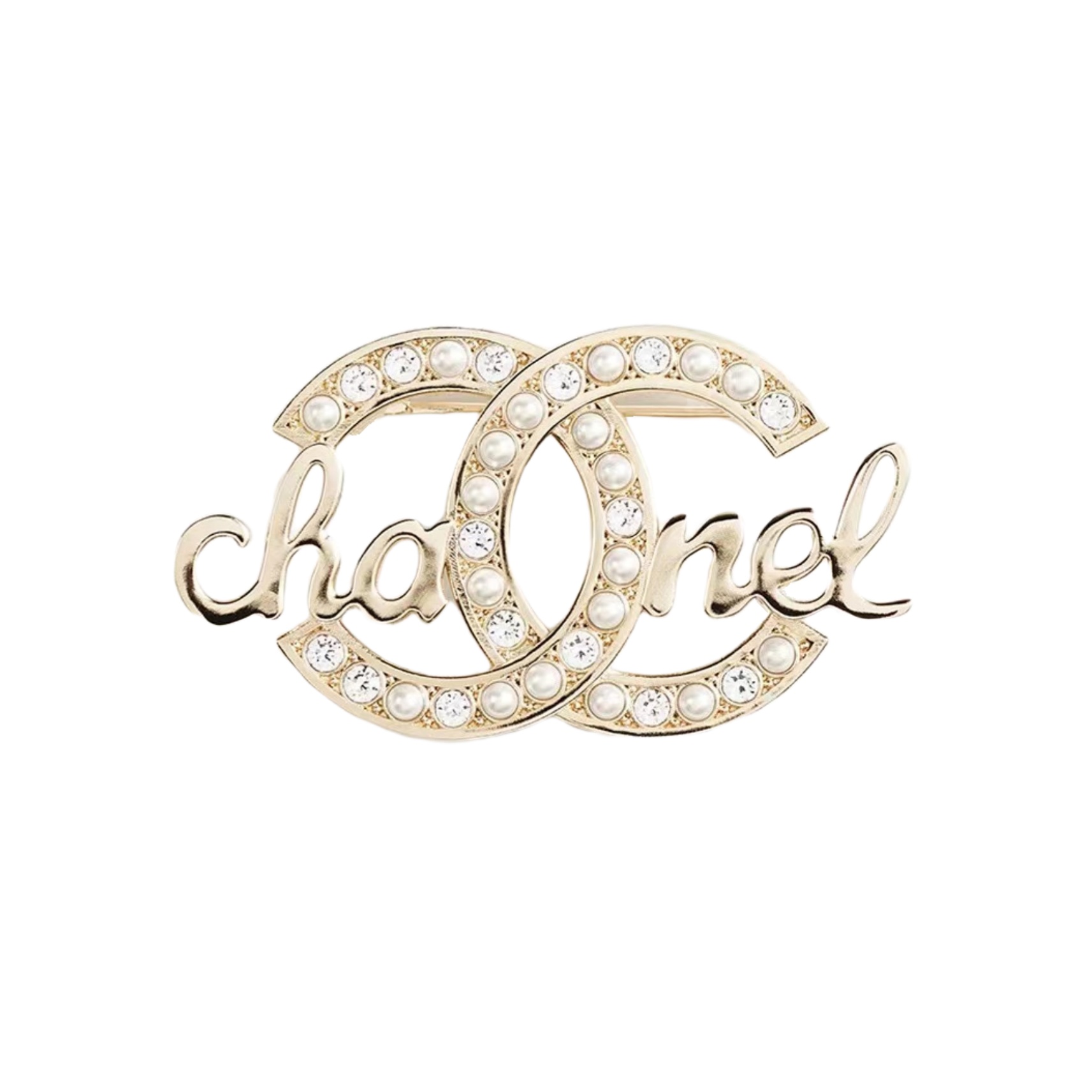 BCB481 Metal crystal and pearl letters cc logo brooch pin - ccjewelryacc