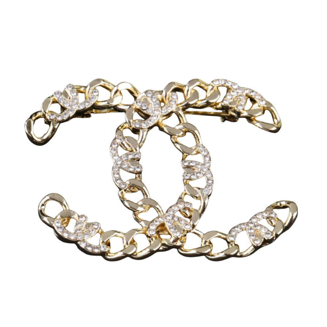 BCB479 Metal chain cc logo brooch pin with crystal - ccjewelryacc