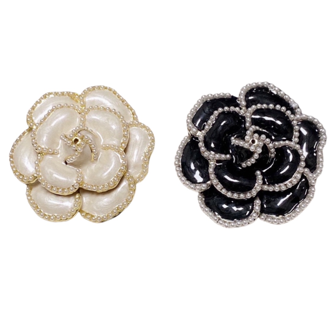BCB487 White and black enamel camellia brooch pin with pearl - ccfashionjewelry