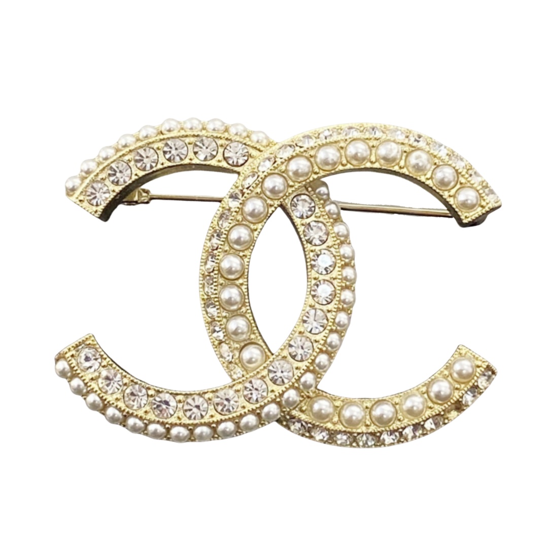 BCB222 Crystal and pearl double C brooch pines - ccfashionjewelry