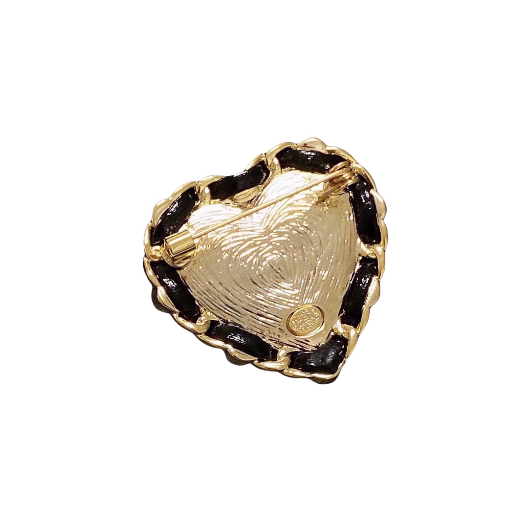 BCB368 Black leather crystal heart with CC logo brooch pin - ccjewelryacc