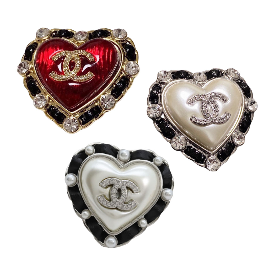 BCB368 Black leather crystal heart with CC logo brooch pin - ccfashionjewelry
