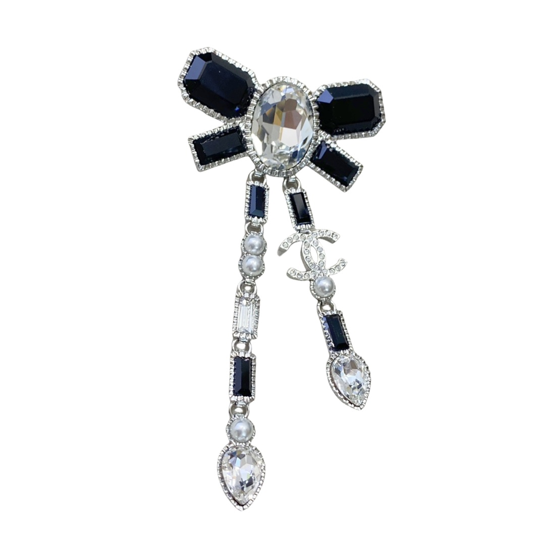 BCB229 23k Black and white crystal bow tassels cc logo brooch pin - ccfashionjewelry