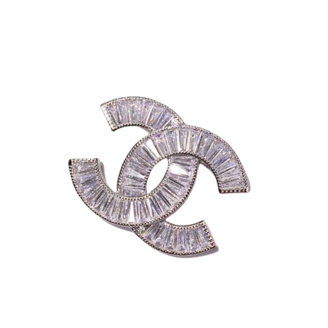 BCB395 Full rectangle diamond cc logo brooch pin in silver - ccjewelryacc