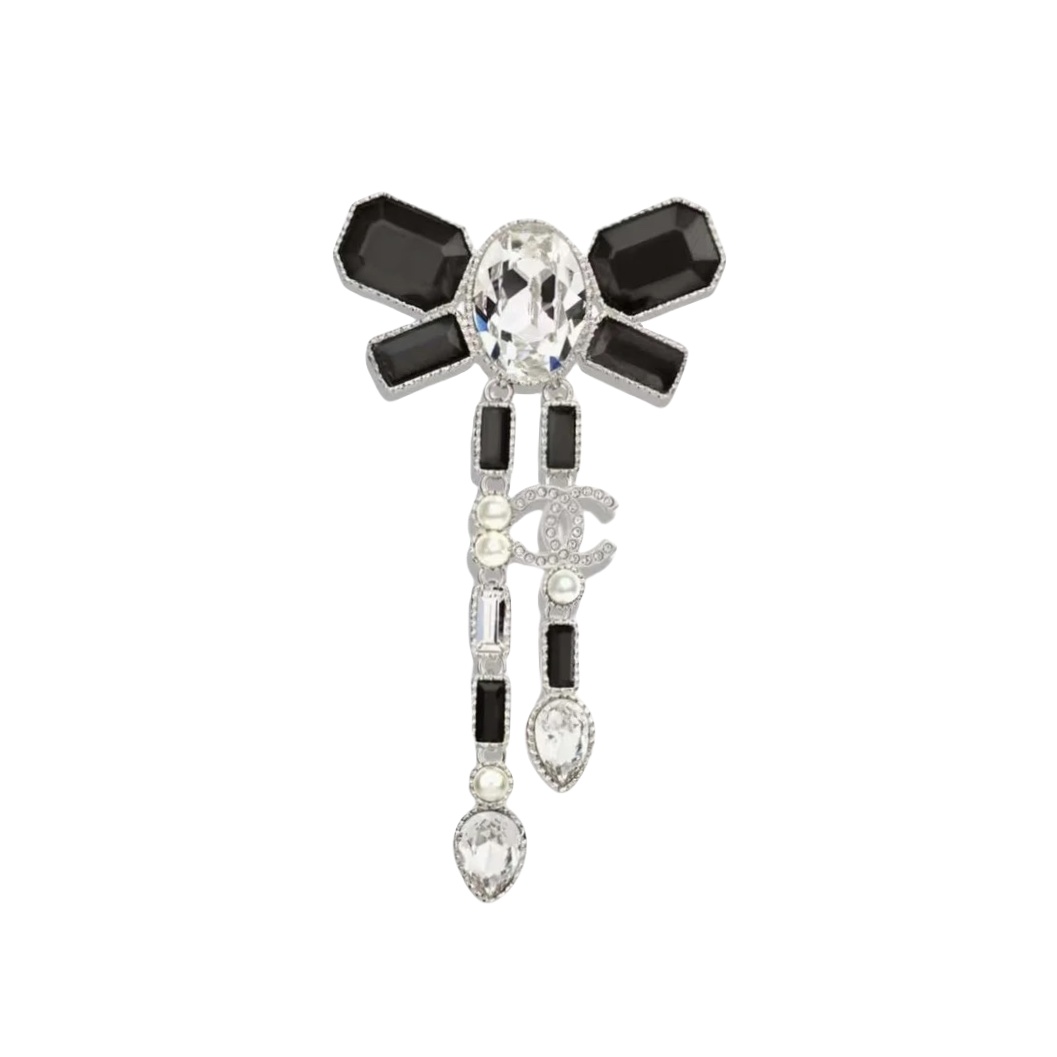 BCB229 23k Black and white crystal bow tassels cc logo brooch pin - ccfashionjewelry