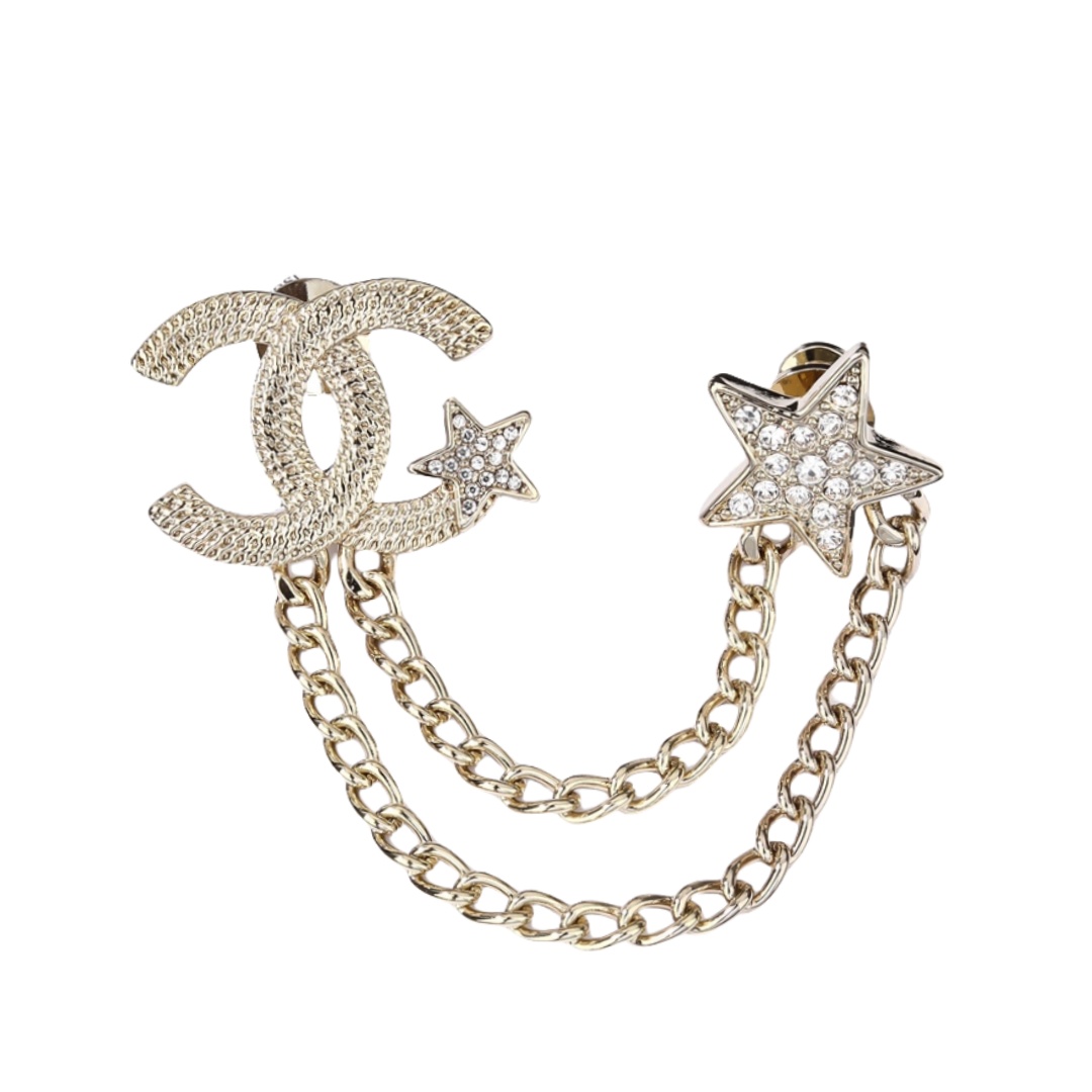 BCB473 CC logo and star with chain brooch pin - ccjewelryacc