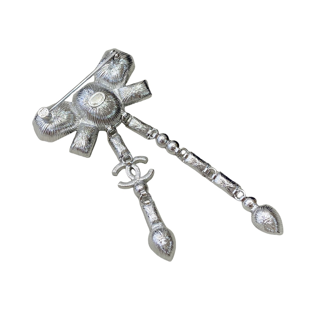 BCB229 23k Black and white crystal bow tassels cc logo brooch pin - ccjewelryacc