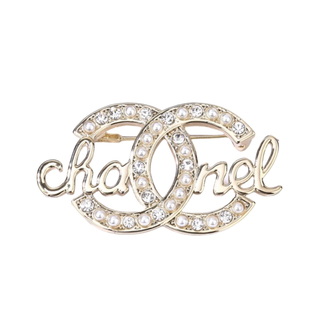 BCB481 Metal crystal and pearl letters cc logo brooch pin - ccjewelryacc