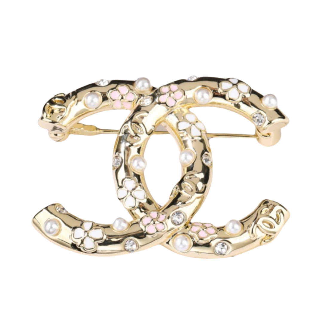 BCB475 Metal flower pearl crystal multielement cc logo brooch pin - ccfashionjewelry