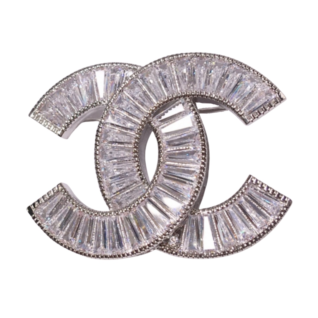 BCB395 Full rectangle diamond cc logo brooch pin in silver - ccfashionjewelry