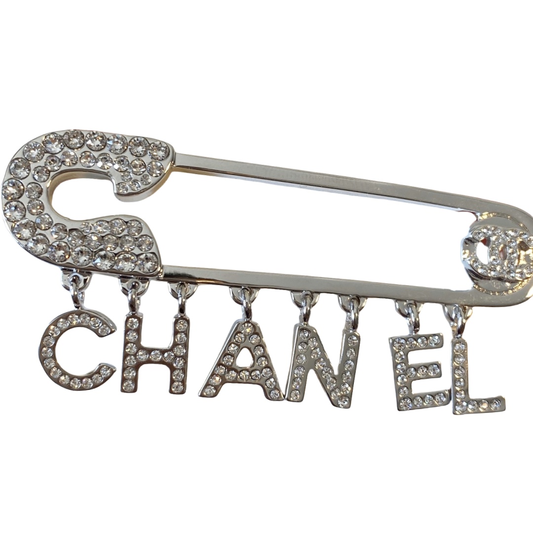 BCB213 Crystal C H A N E L letter safety pin brooch in Silver - ccjewelryacc