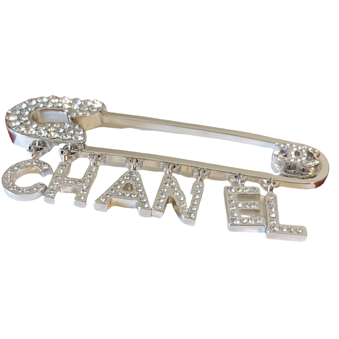 BCB213 Crystal C H A N E L letter safety pin brooch in Silver - ccjewelryacc
