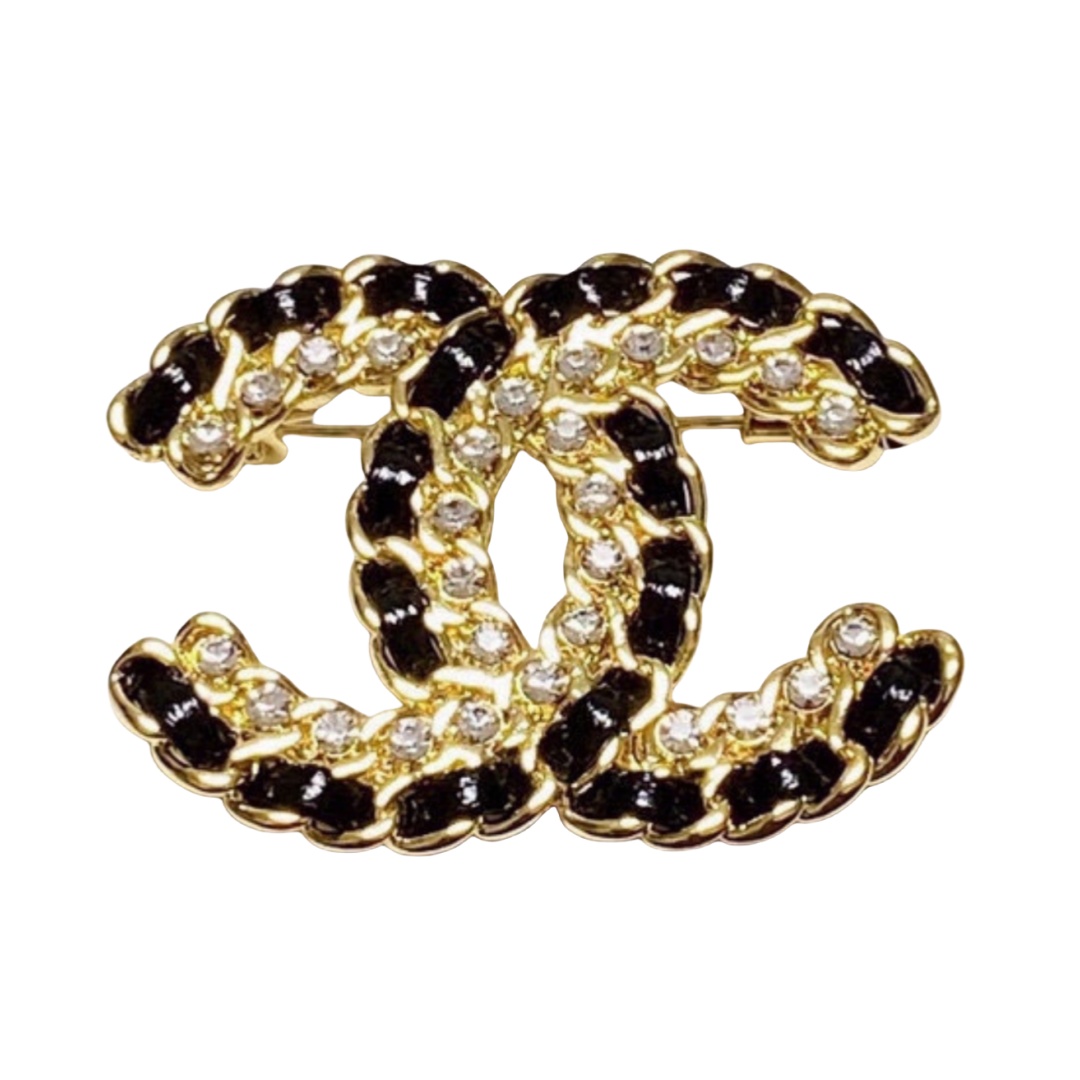 BCB247 Metal and leather crystal CC logo brooch pin - ccfashionjewelry