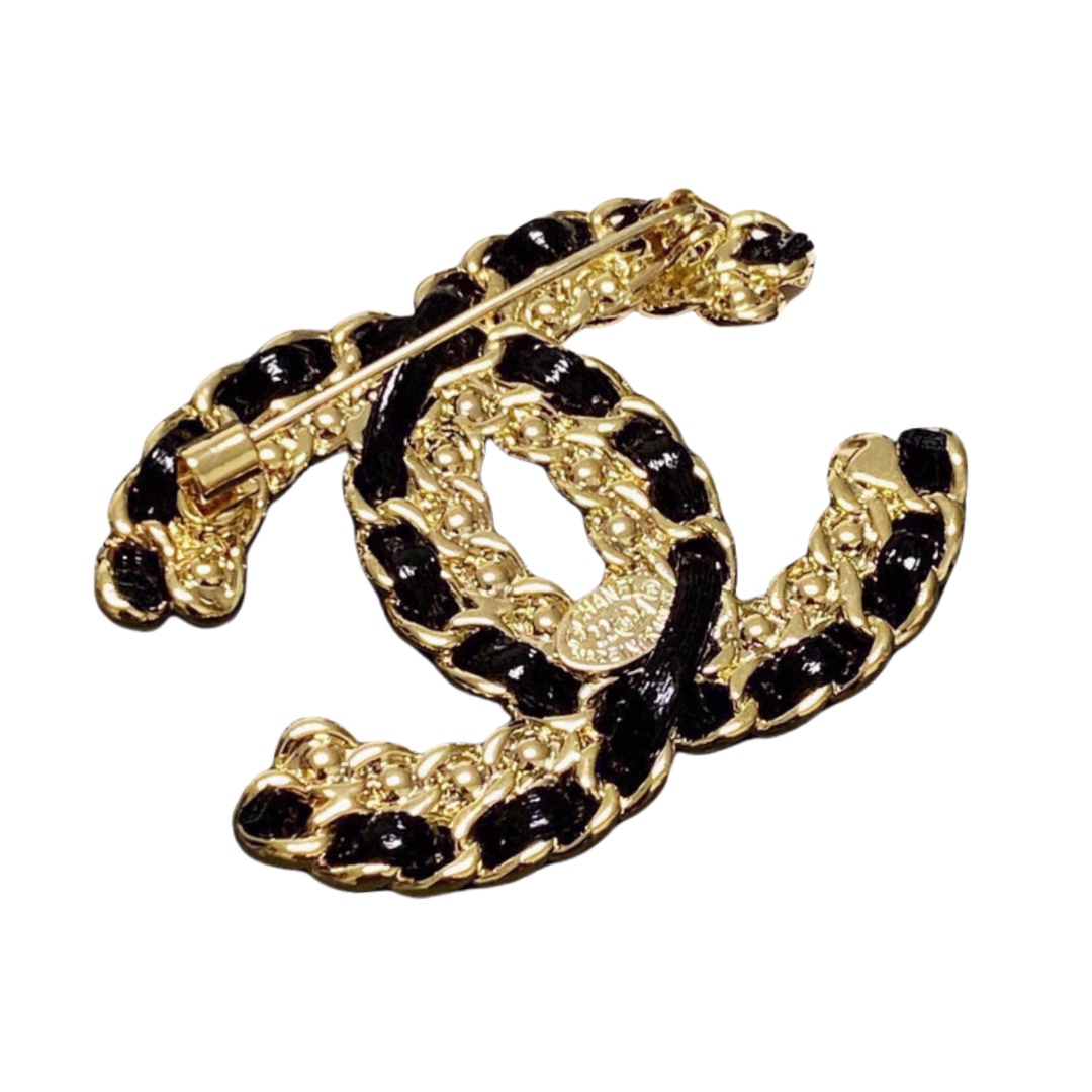 BCB247 Metal and leather crystal CC logo brooch pin - ccjewelryacc