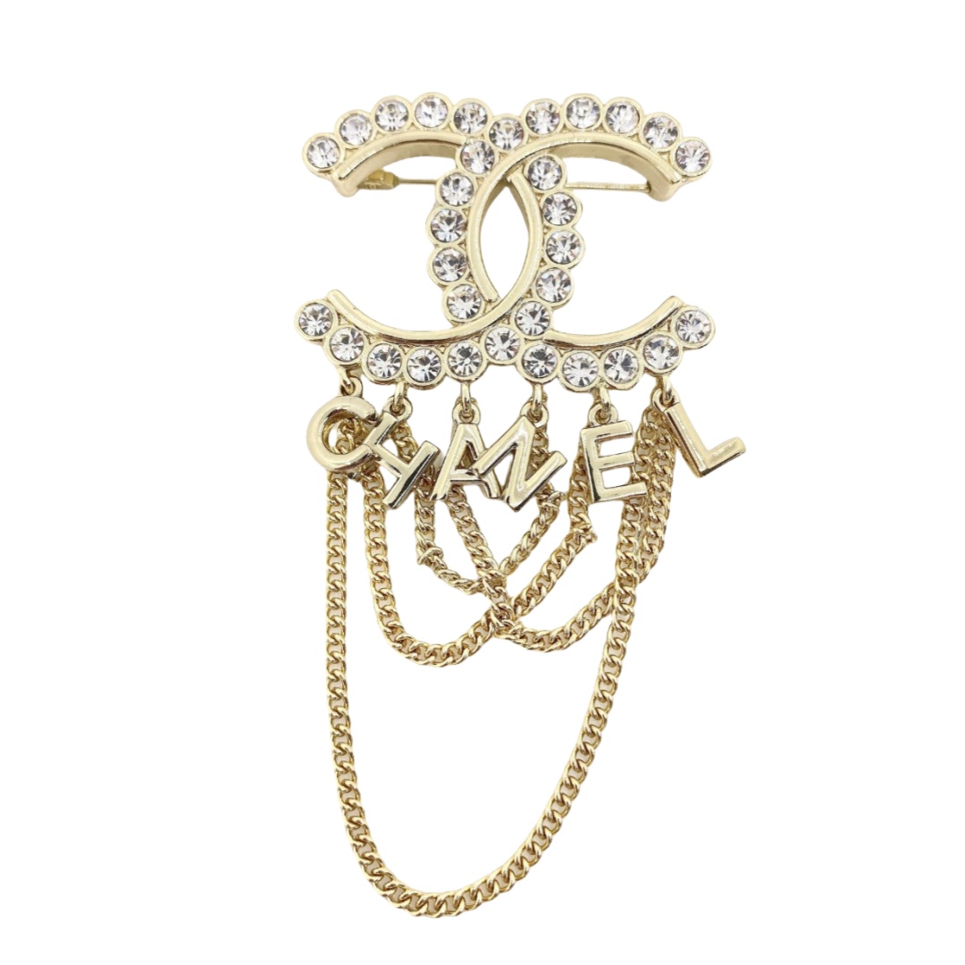 BCB037 Metal chain tassels crystal cc logo with letter charms brooch pin - ccjewelryacc