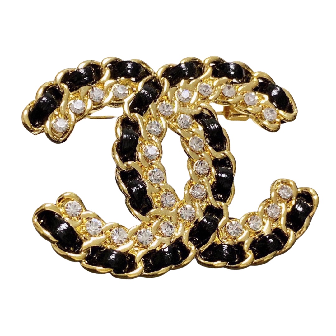 BCB247 Metal and leather crystal CC logo brooch pin - ccfashionjewelry
