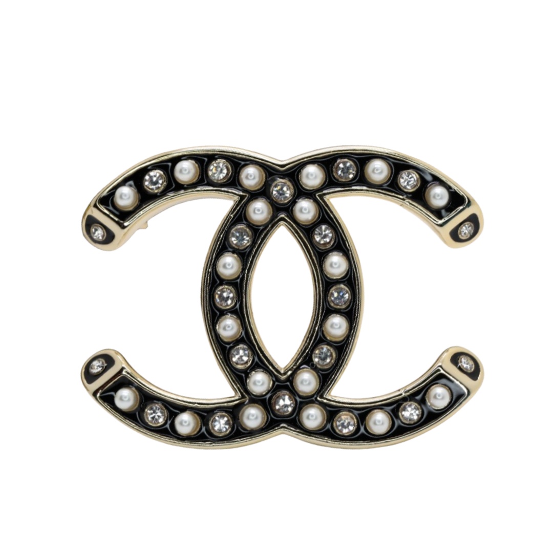 BCB288 Black enamel with crystal and pearl CC logo brooch pin - ccfashionjewelry