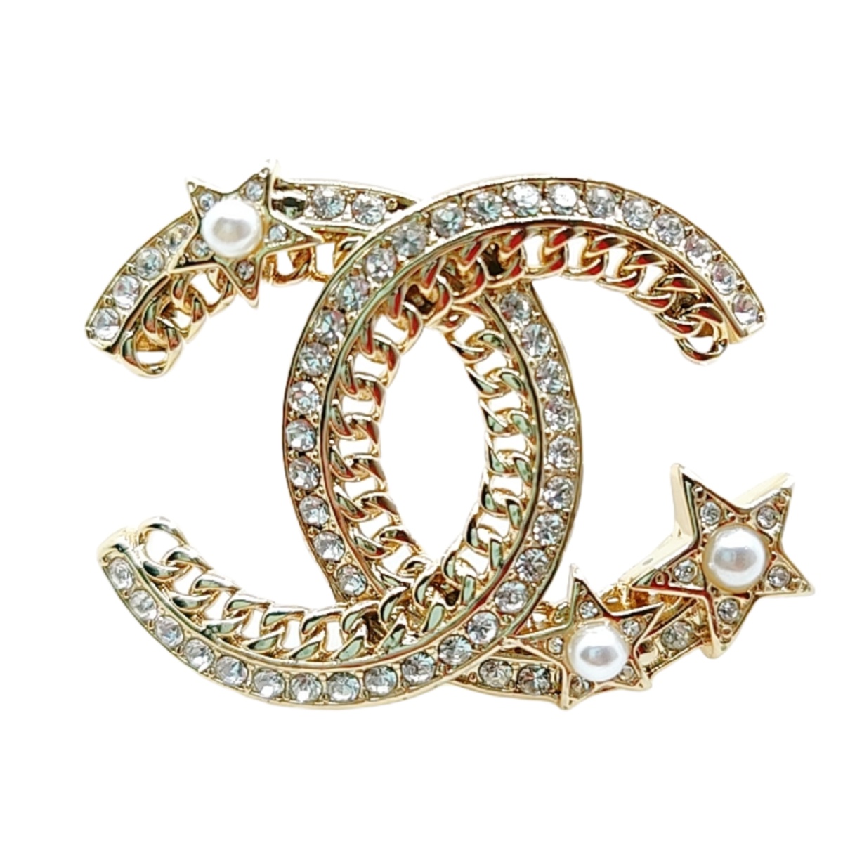 BCB294 Metal chain crystal star pearl cc logo brooch pin - ccfashionjewelry