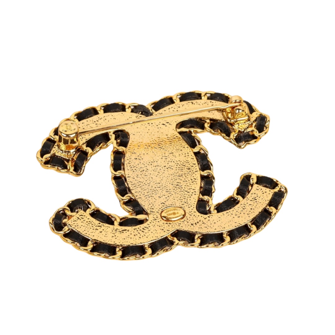 BCB207 24A Métiers d’art Collection Quilted Metal and leather cc logo brooch pin Gold - ccjewelryacc