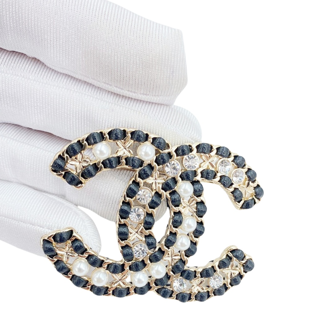 BCB244 Metal leather hollow-out with crystal pearl CC brooch pin - ccjewelryacc