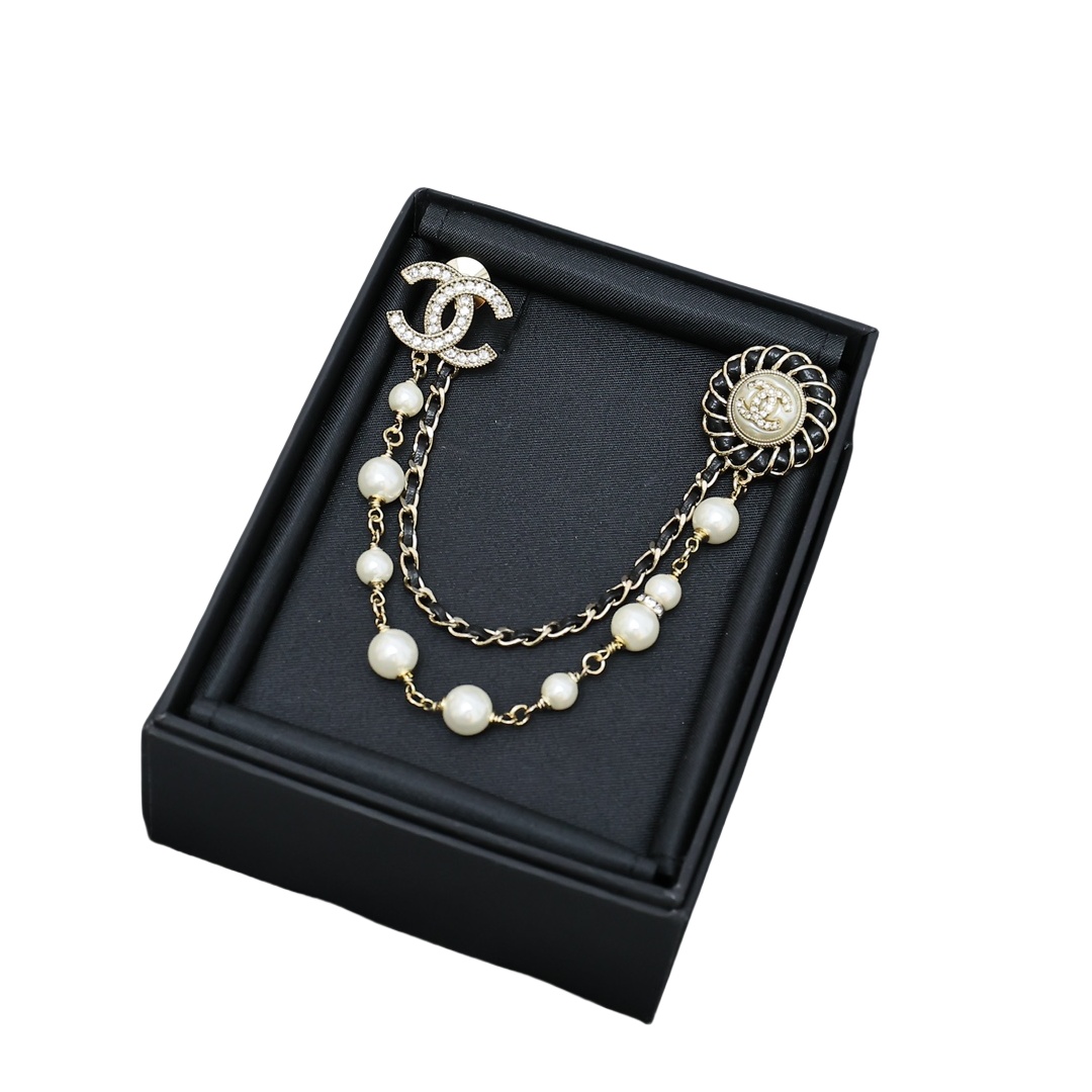 BCB175 Metal leather sun flower with chain and crystal cc logo brooch pin - ccjewelryacc