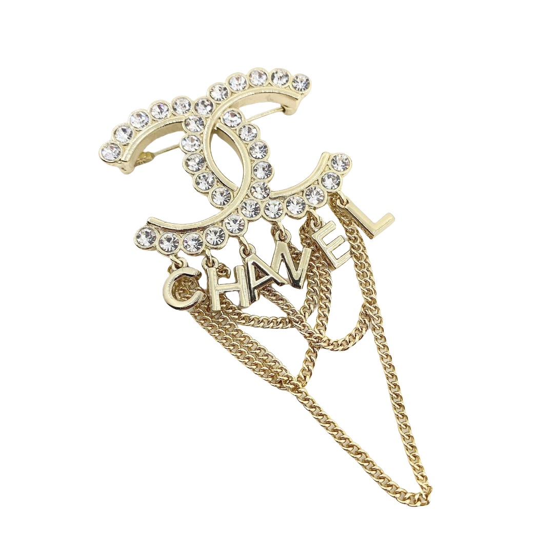 BCB037 Metal chain tassels crystal cc logo with letter charms brooch pin - ccfashionjewelry