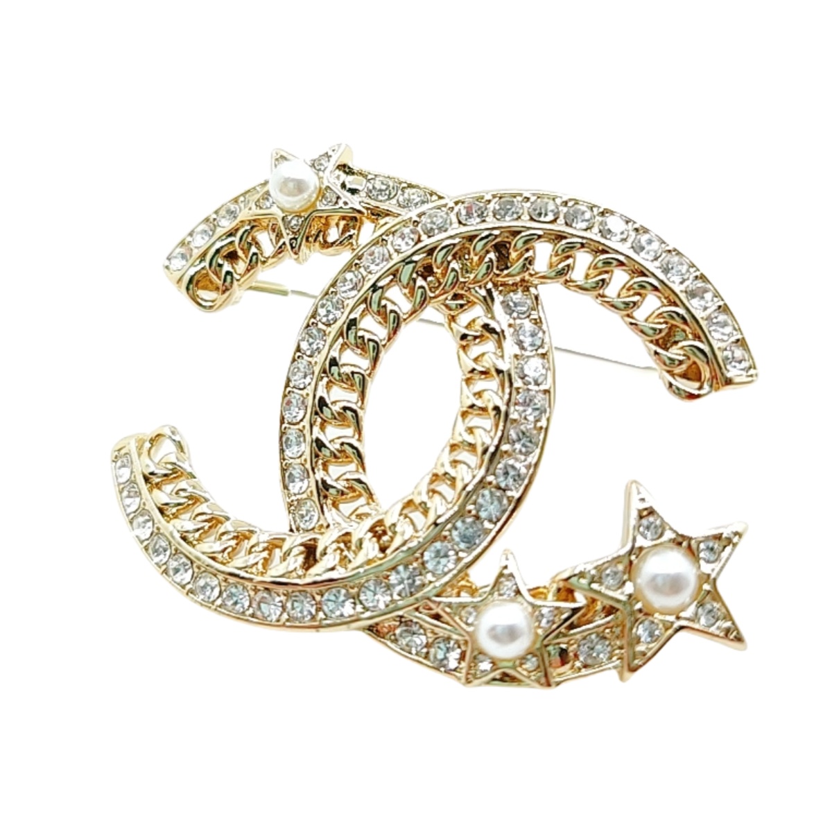 BCB294 Metal chain crystal star pearl cc logo brooch pin - ccjewelryacc