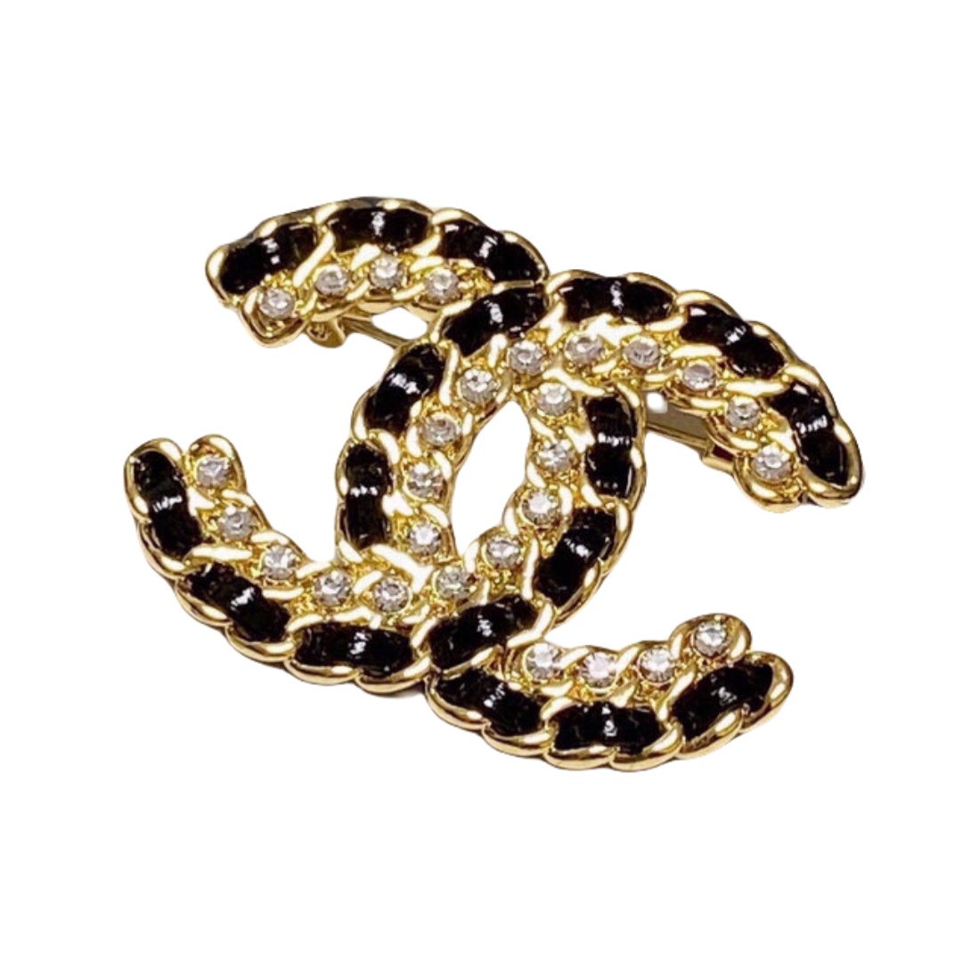 BCB247 Metal and leather crystal CC logo brooch pin - ccjewelryacc