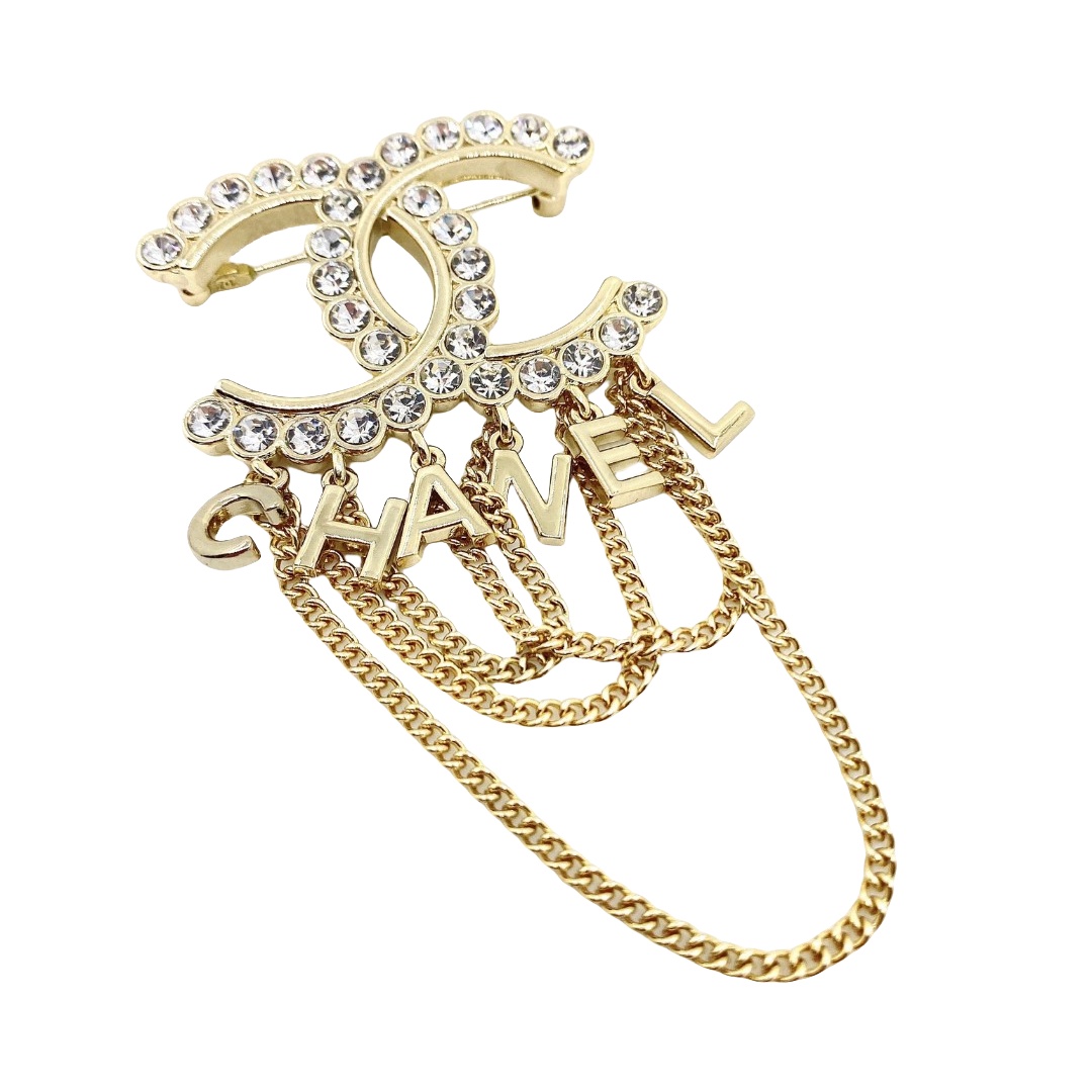 BCB037 Metal chain tassels crystal cc logo with letter charms brooch pin - ccjewelryacc