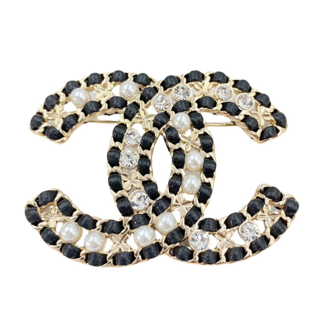 BCB244 Metal leather hollow-out with crystal pearl CC brooch pin - ccjewelryacc