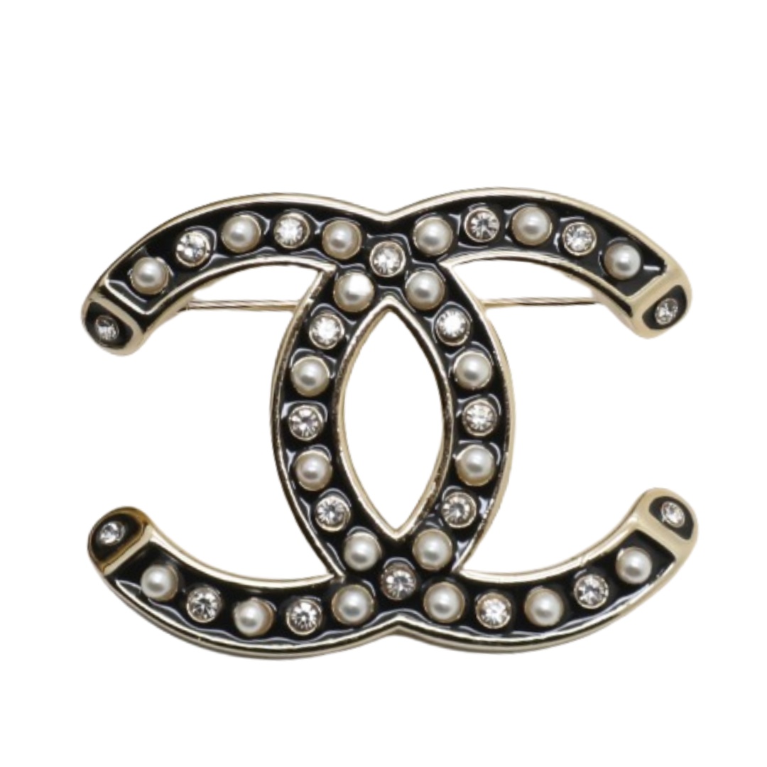 BCB288 Black enamel with crystal and pearl CC logo brooch pin - ccfashionjewelry