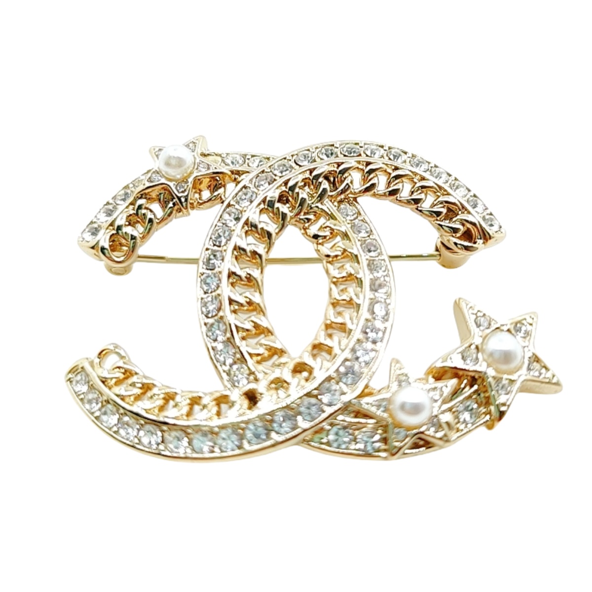 BCB294 Metal chain crystal star pearl cc logo brooch pin - ccfashionjewelry