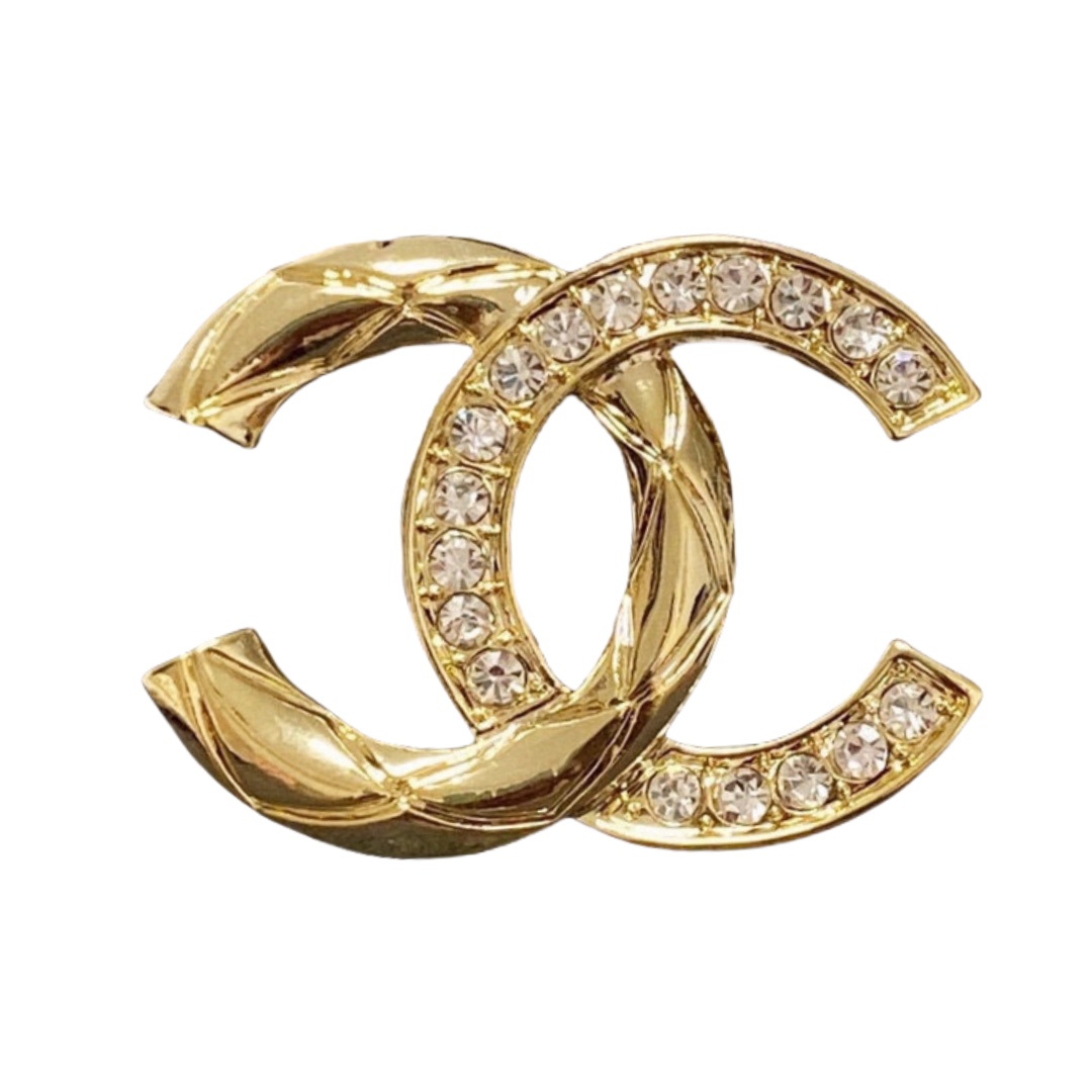 BCB493 Metal Quilted and crystal cc logo brooch pin in gold - ccfashionjewelry