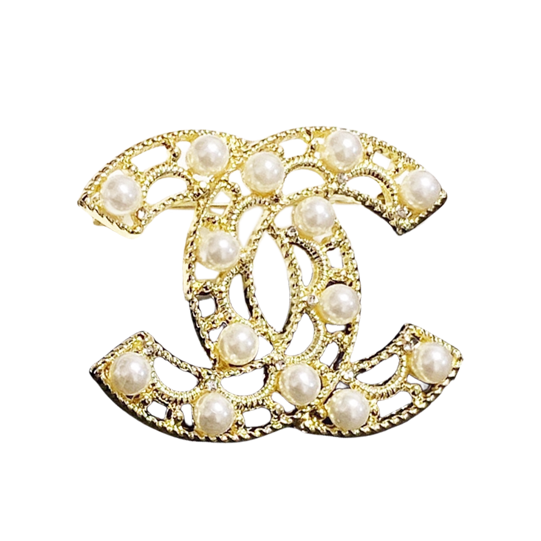 BCB246  Hollow out Interlocked cc pearl brooch pin - ccjewelryacc