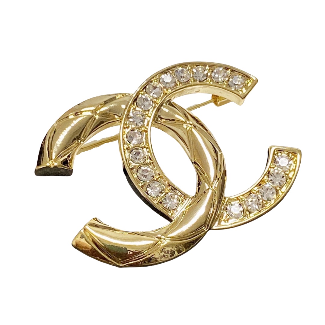 BCB493 Metal Quilted and crystal cc logo brooch pin in gold - ccjewelryacc