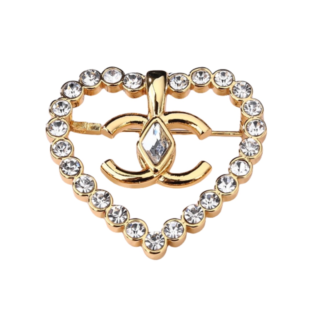 BCB178 Hollow-out rhinestone heart shape with CC logo brooch pin - ccfashionjewelry
