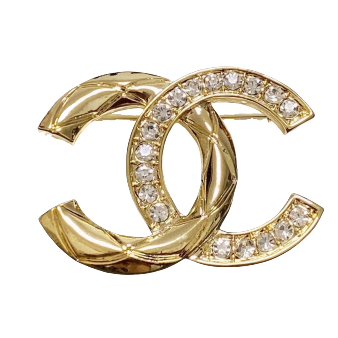 BCB493 Metal Quilted and crystal cc logo brooch pin in gold - ccfashionjewelry