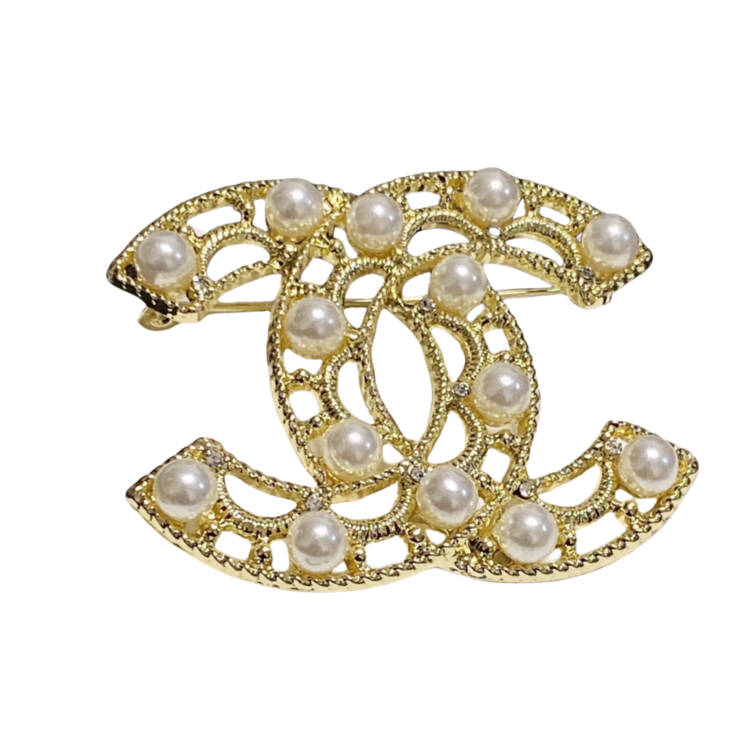 BCB246  Hollow out Interlocked cc pearl brooch pin - ccjewelryacc