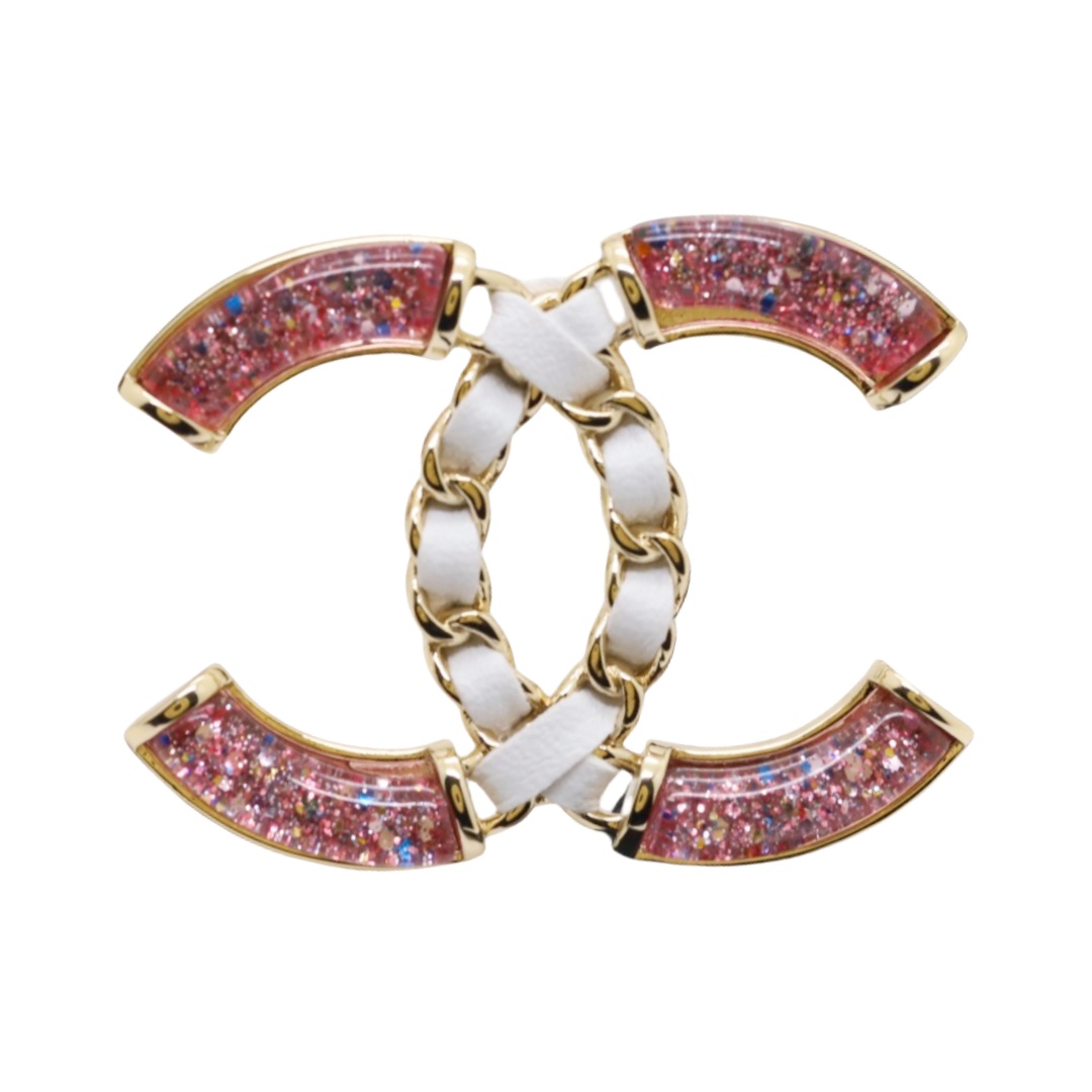BCB265 Metal leather and Pink glitter CC brooch pin - ccfashionjewelry