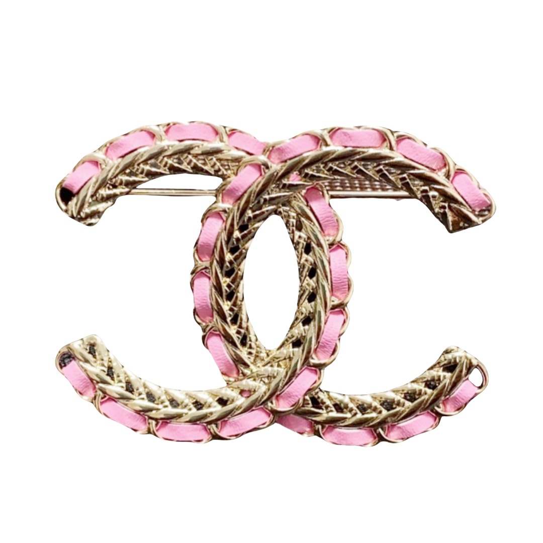 BCB497 Metal and pink leather cc brooch pin - ccjewelryacc