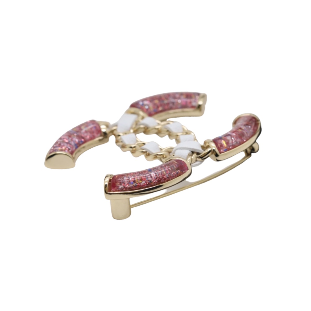 BCB265 Metal leather and Pink glitter CC brooch pin - ccfashionjewelry