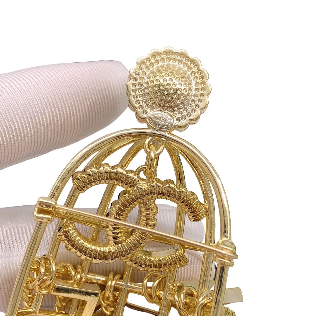 BCB240  Vintage Gold Birdcage fringe chain with crystal CC logo brooch PIN - ccjewelryacc