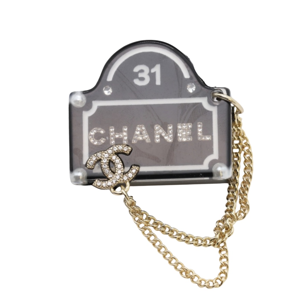 BCB266 Black engrave letters No 31 with crystal and chain tassle CC brooch pin - ccfashionjewelry