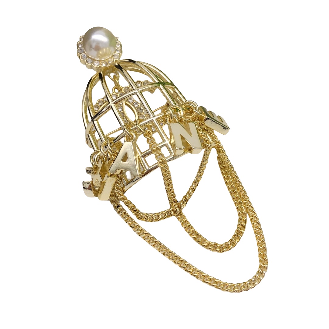 BCB240 Vintage Gold Birdcage fringe chain with crystal CC logo brooch PIN - ccfashionjewelry