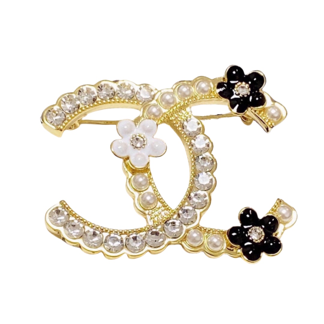 BCB146 Crystal and pearl with flower CC logo brooch pin - ccfashionjewelry