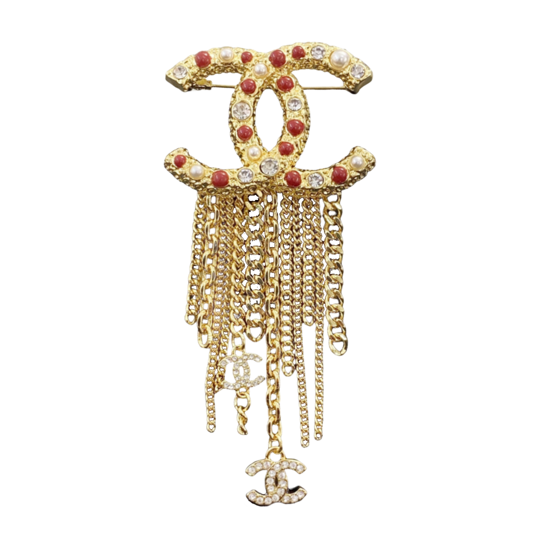 BCB432 Metal crystal pearl cc logo with tassels chain brooch pin - ccfashionjewelry